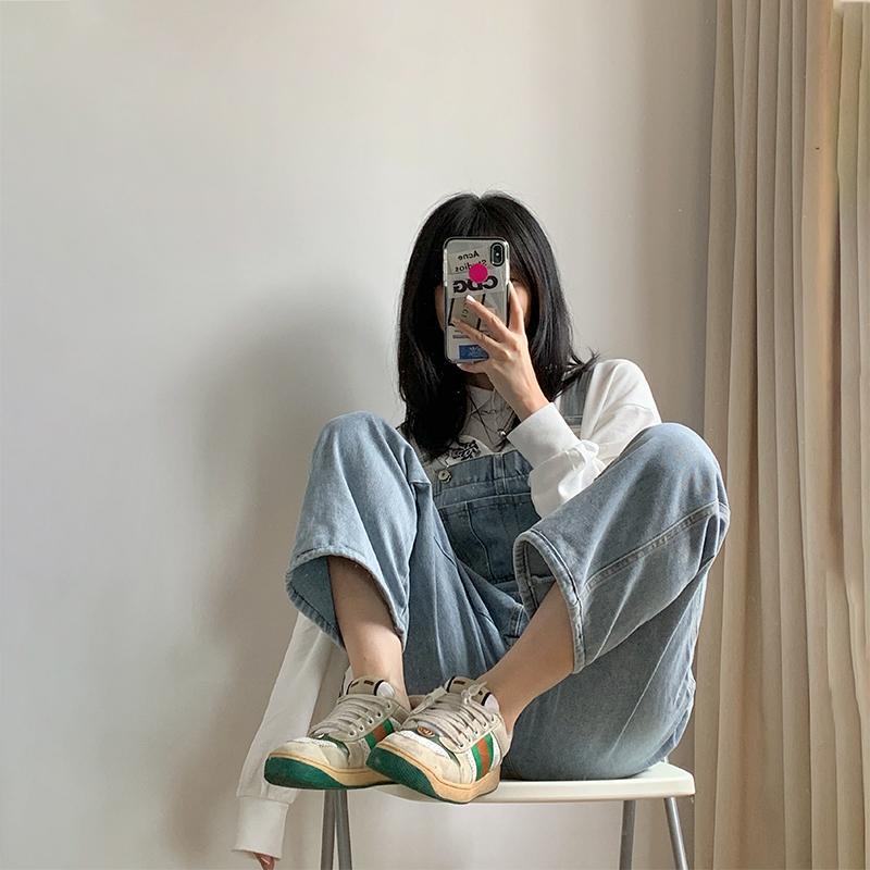 Small cute Japanese denim overalls thin student light blue autumn Korean loose straight trousers | BigBuy360 - bigbuy360.vn