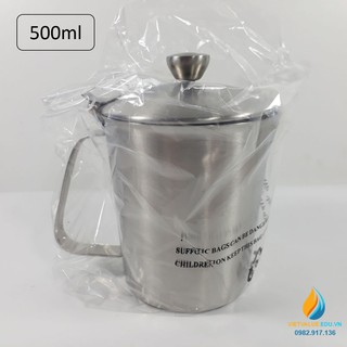 Ca Inox 304 có nắp, dung tích 500ml, vạch chia, có quai, có cỏ rót