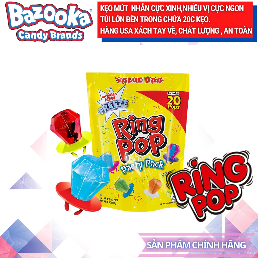 Kẹo Mỹ Ring Pop Hình nhẫn huyền thoại (Nguyên gói 20cái [date 2022 ]) 5 vị trái cây thơm ngon- Hàng xách tay Usa