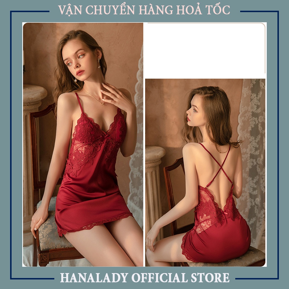 Váy ngủ lụa đầm ngủ phối ren hoa quyến rũ cao cấp HanaLadyStore V508