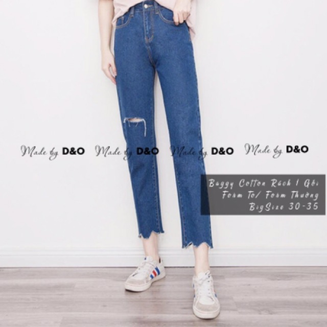 [Bigsize 30-36] Quần Baggy Jeans Bigsize, Rách 1 Gối Lai Răng Cưa, Lưng Cao Tôn Dáng, Không Giãn