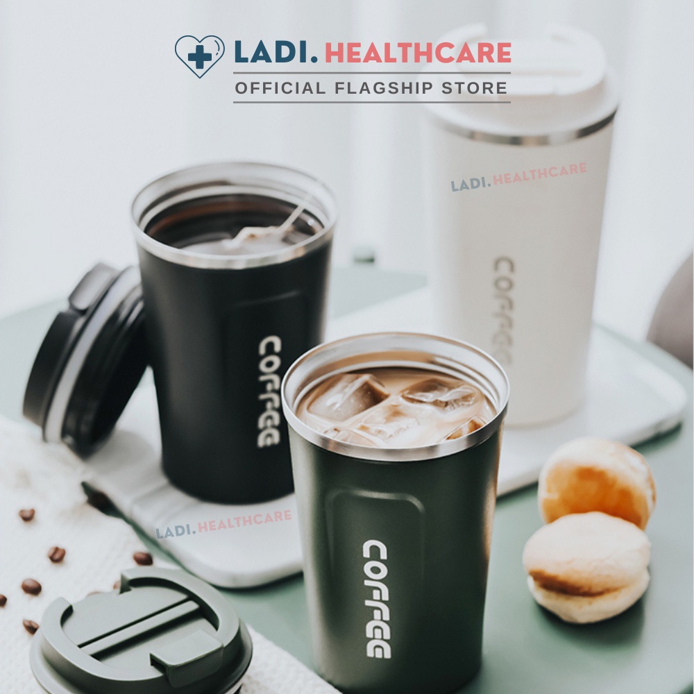 Cốc giữ nhiệt 510ml LADI ly coffee holic inox 304, bình giữ nhiệt 12h tặng Sticker trang trí