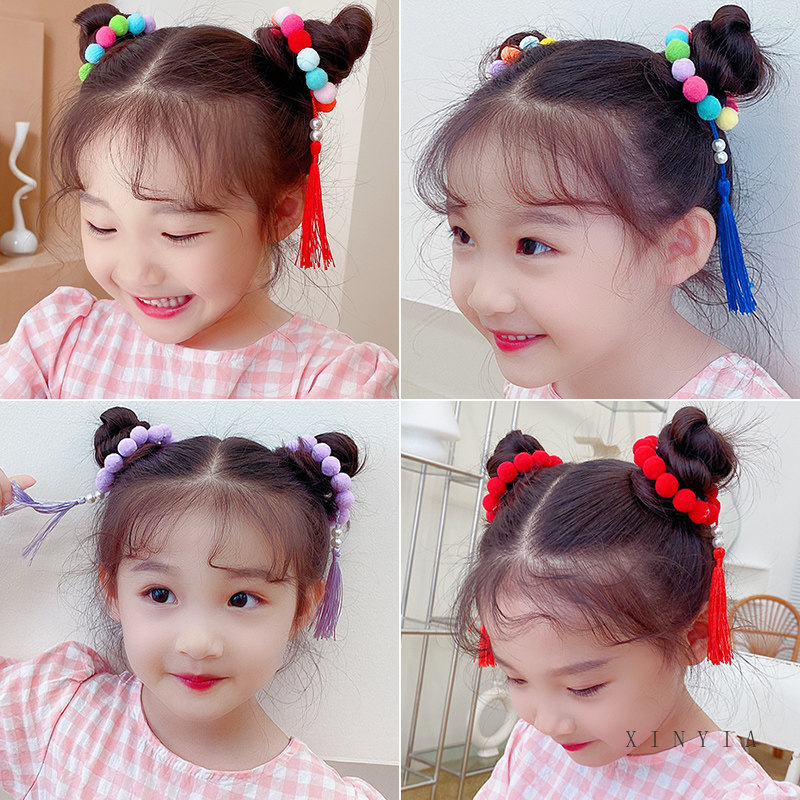 Dật Cột Tóc Đính Bóng Tròn Phối Tua Rua Nhiều Màu Sắc Xinh Xắn Cho Bé Gái
