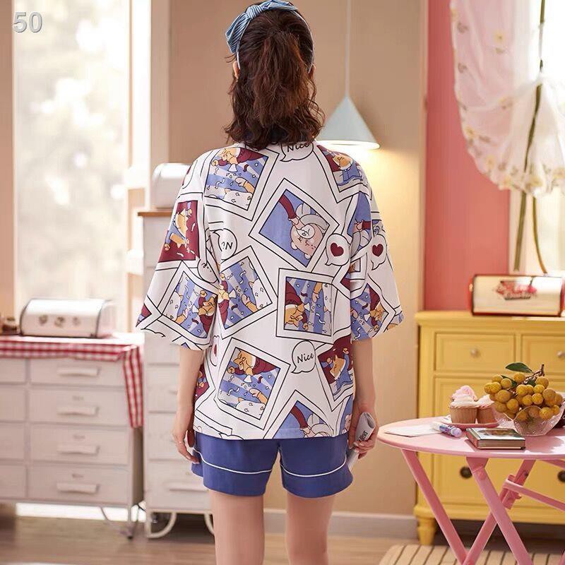 Bộ đồ ngủ mặc nhà kimono Nhật Bản mới dành cho nữ mùa hè dài tay ngắn thắt nơ kiểu hai mảnh dễ thươngR