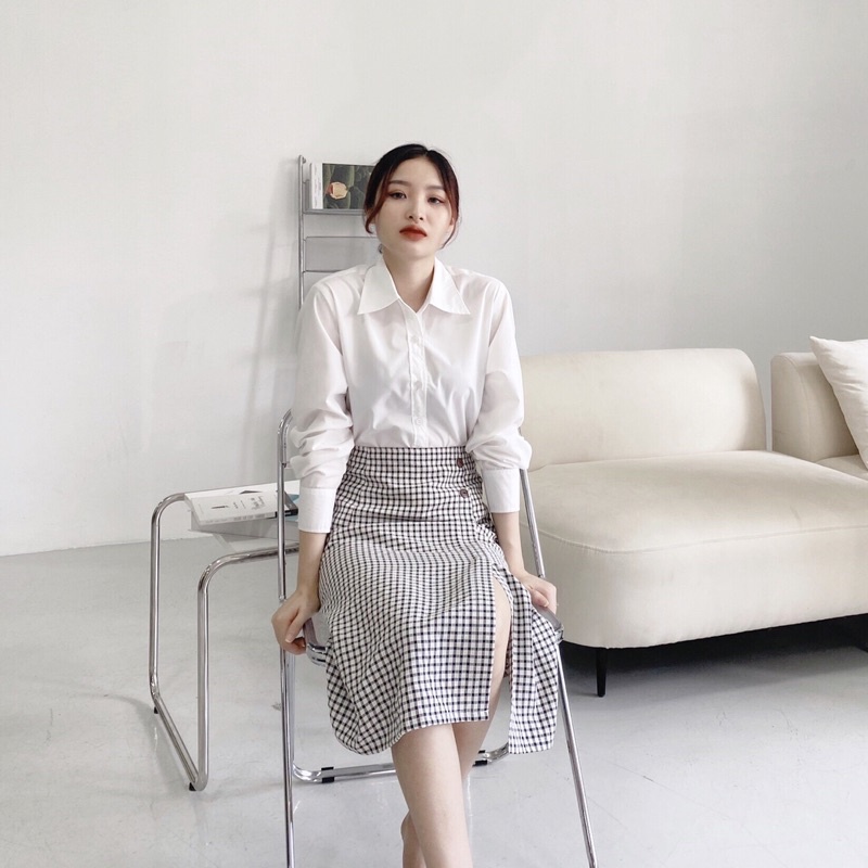 Áo Sơ Mi Trắng Dáng Vừa Vai Chất Liệu Thô Kate Không Nhăn SHMILY