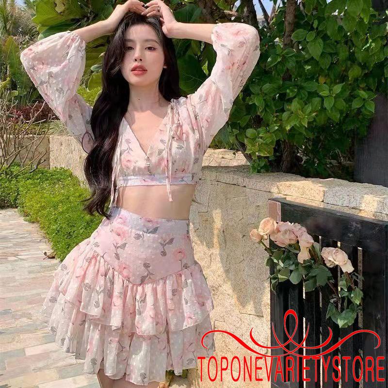 Topone-Women 2Pcs Summer Outfits, Long Sleeve Deep V Neck Floral Crop Tops + Mini Skirt Set