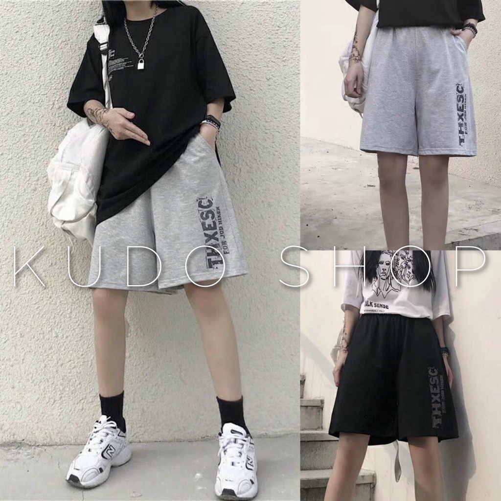 Quần đùi thể thao dáng lửng 2 màu in chữ THXESC cá tính/ Quần short ống rộng cạp chun co dãn mặc thoải mái_kudoshop