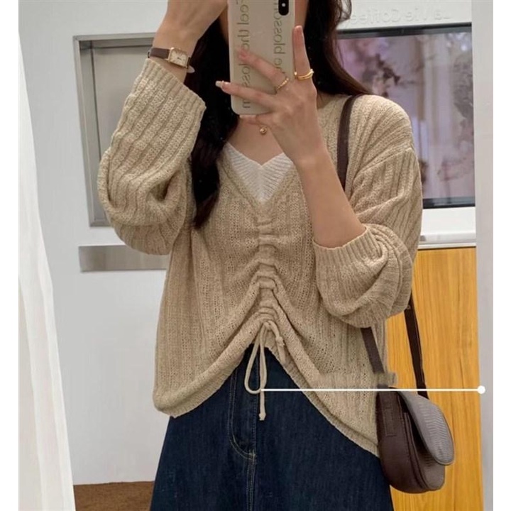 ZHELIHANGFEI Áo Sweater Tay Dài Cổ Chữ V Dáng Rộng Giả Hai Lớp Phối Dây Rú