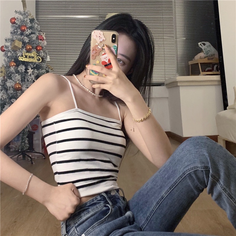 Áo Hai Dây Ngắn Họa Tiết Kẻ Sọc Phong Cách Retro Hợp Thời Trang Cho Nữ