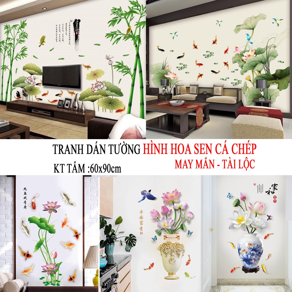 Decal dán tường Hồ Cá Hoa Sen trang trí phòng khách nhiều mẫu