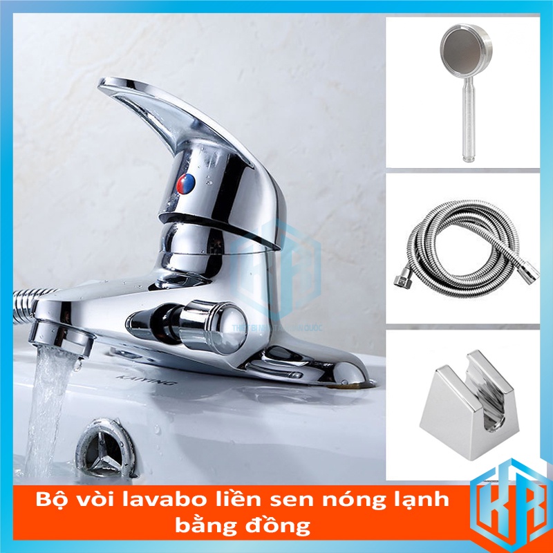 Bộ Vòi chậu rửa liền sen nóng lạnh 2 chân bằng đồng Kèm vòi hoa sen siêu tăng áp Nhôm đúc Màu Trắng cao cấp - Đủ bộ