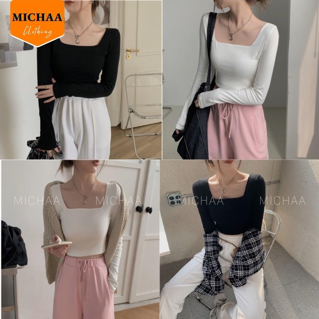 Áo Croptop TAY DÀI CỔ VUÔNG Nữ Thun Borip Ulzzang Cổ Vuông Kiểu Ôm Body Đẹp - MICHAA