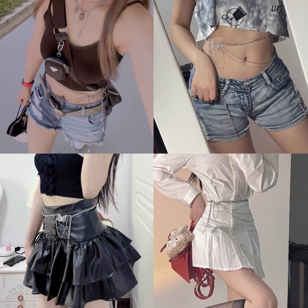 ( 2 mẫu) Thắt lưng sợi xích 3 tầng chi tiết cánh nơ xinh xắn Chain phụ kiện thắt eo/thắt lưng