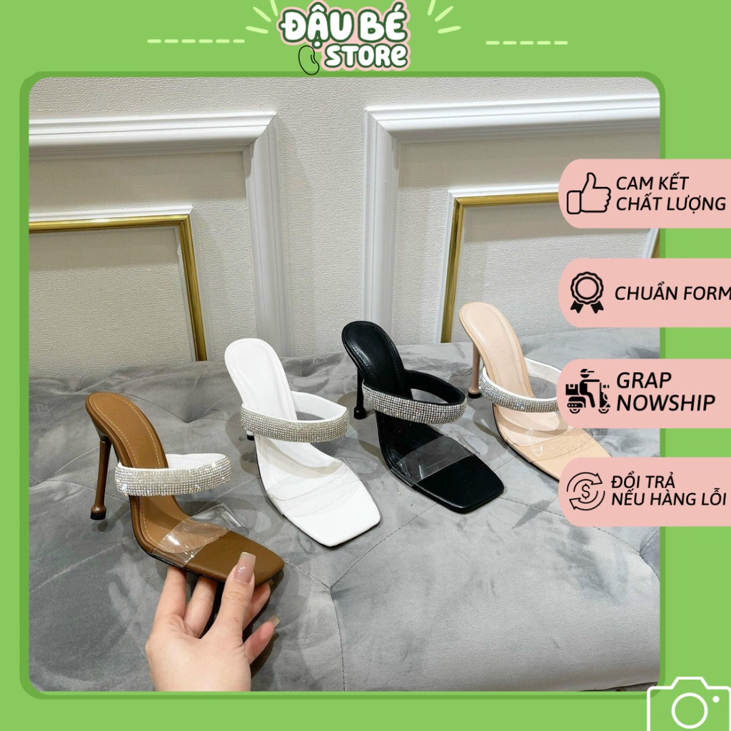 Dép Cao Gót Quai Ngang Đính Đá Thời Trang Sang Chảnh - Dép Đế Nhọn 7P Hai Quai Ngang Mũi Vuông Nữ - Daube - D006