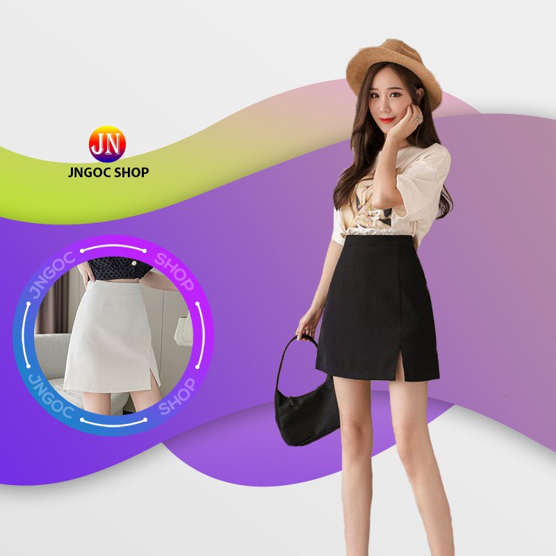 Chân váy ngắn chữ A xẻ trước, Chân váy công sở cạp cao đen trắng xẻ tà trẻ trung