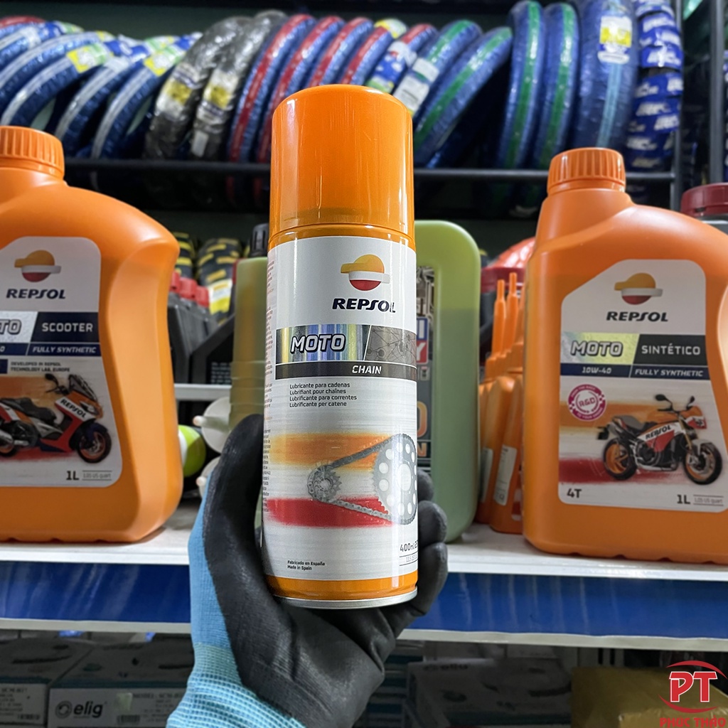 Chai dưỡng sên Repsol Moto Chain Lube 400ml. Bảo dưỡng sên xịt sên Repsol