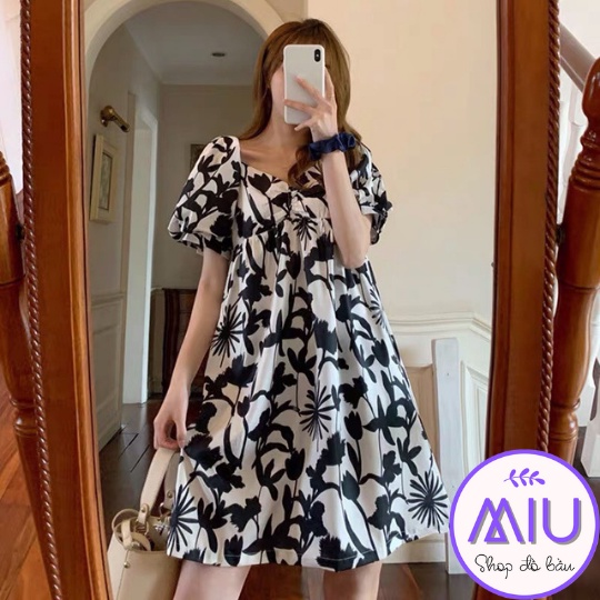 Đầm Bầu Váy Bầu Công Sở ♥️ Đầm Bầu Dự Tiệc Họa Tiết Hoa Tay Phồng Áo Hở Lưng ♥️ Váy Bầu Lụa Băng SIZE Cỡ Lớn