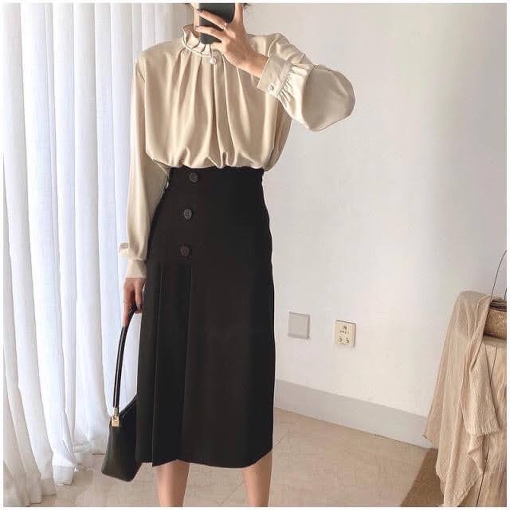 Chân váy midi công sở phối cúc xếp ly dài qua gối | BigBuy360 - bigbuy360.vn