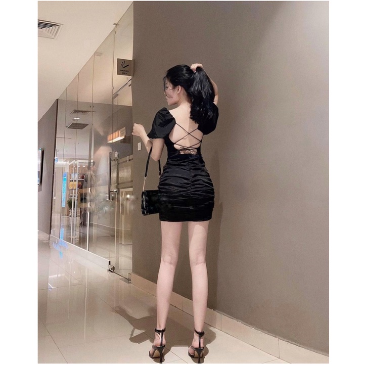 Váy Body Màu Đen 🌸 Đầm Dự Tiệc Hở Lưng Chất Lụa CÓ MÚT NGỰC Tay Phồng Cổ Vuông - Dây Đan Chéo Lưng Sexy  🔥By steven.fact | BigBuy360 - bigbuy360.vn
