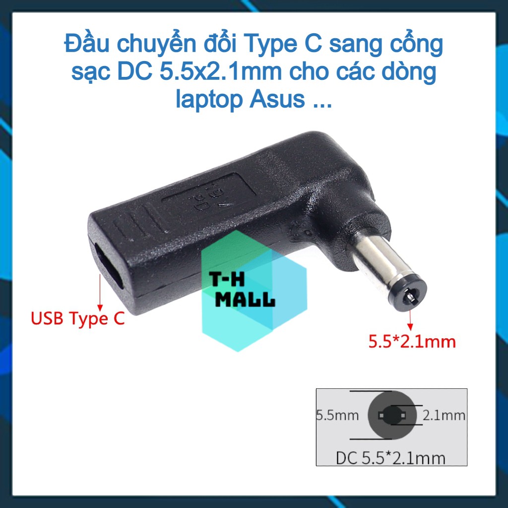 Đầu sạc chuyển đổi cổng USB Type C sang nguồn điện DC 5.5x2.1mm / 5.5*2.1mm chuyên dụng cho laptop Asus