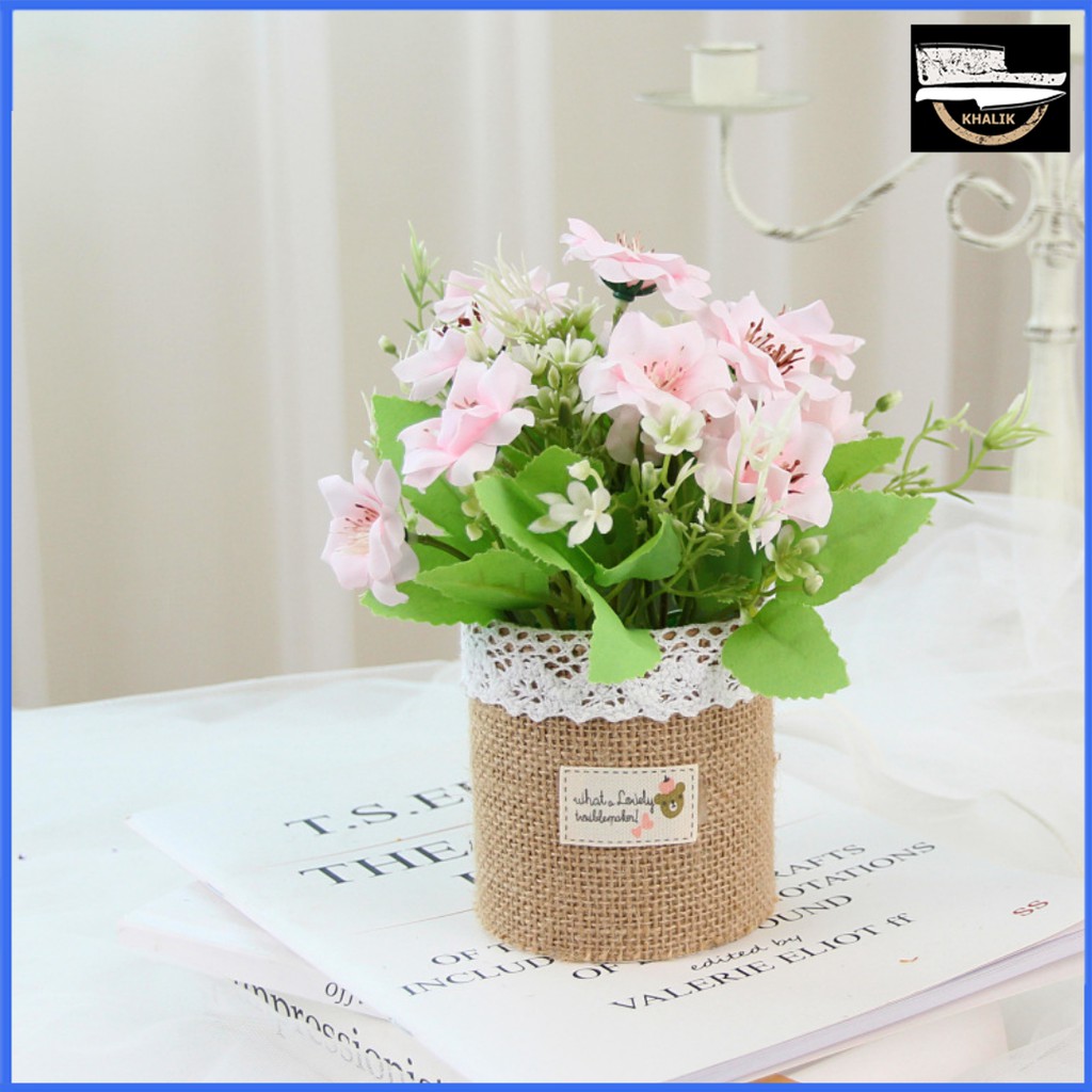 Hoa giả trang trí để bàn đẹp, hoa giả cỏ dại KHALIK - chậu hoa bằng vải bố - HF014