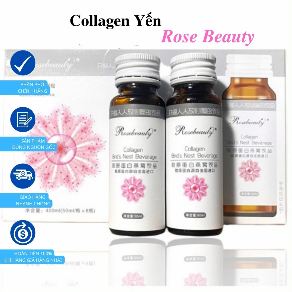 Nước Uống Collagen Yến Trắng Da Rose Beauty - RoseBeauty Yến Tươi Đẹp Da Nest Beverage 1 Hộp 8 Chai x 50Ml.