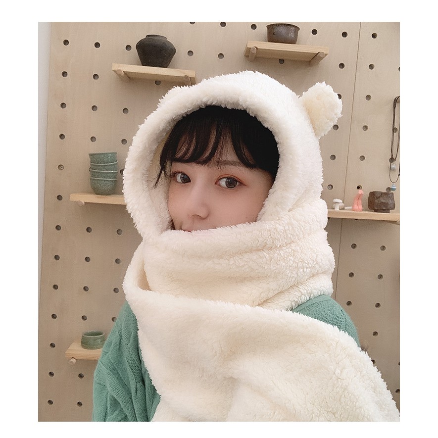 Mũ Len Lông cừu Tai Gấu Chụp đầu Giữ ấm Mùa Đông Dễ thương Ulzzang Hàn Quốc Mũ Tai gấu Chụp đầu Choàng cổ