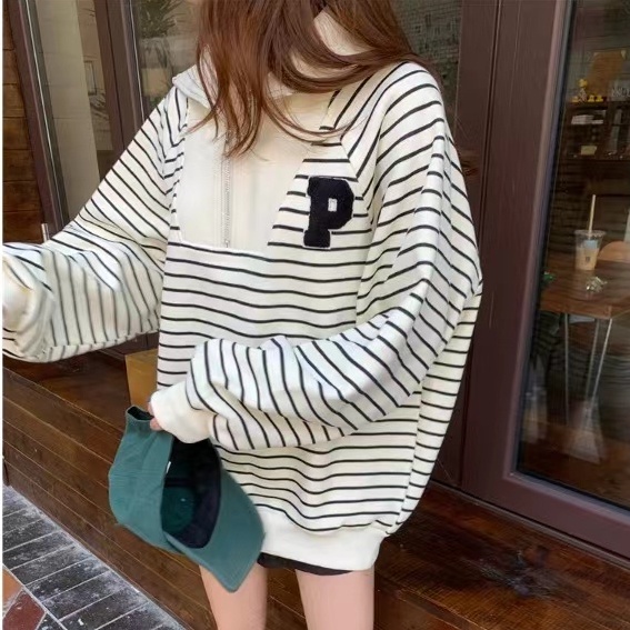 ZHELIHANGFEI Áo Nỉ Tay Dài Cổ POLO Có Khóa Kéo Họa Tiết Kẻ Sọc Thêu Họa Tiết Phong Cách Preppy