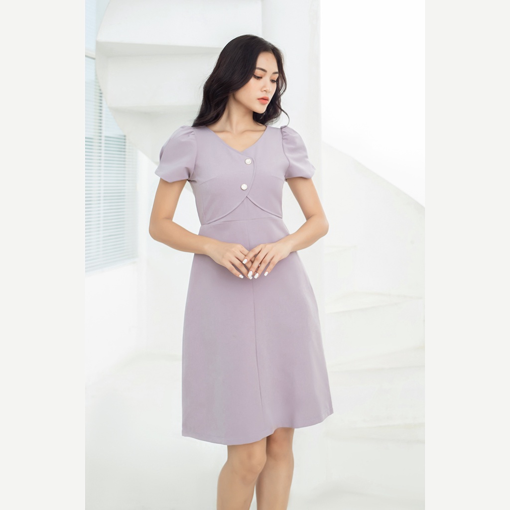 Đầm công sở nữ dáng chữ a thiết kế thời trang Eden tay ngắn cổ tim phối nút dây kéo sau lưng - D462