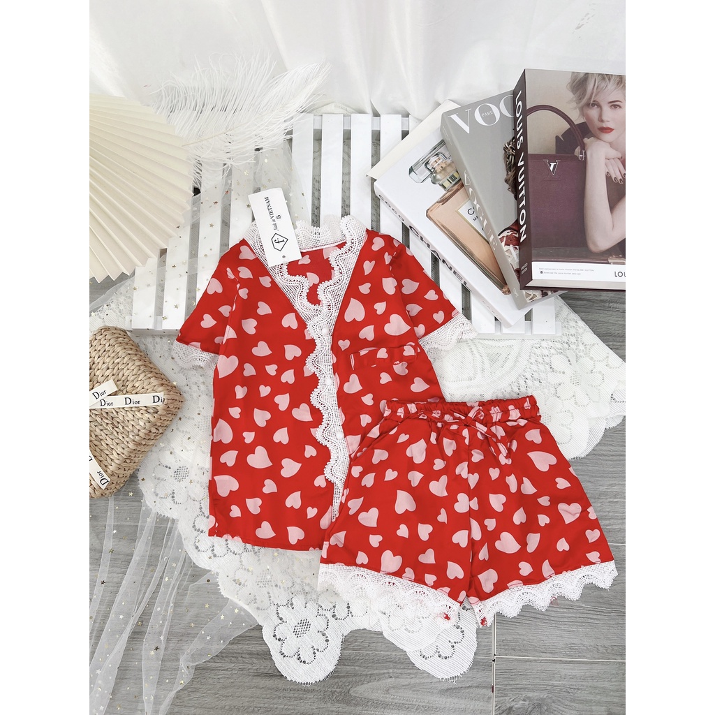 Bộ Đồ Ngủ Pijama Cho Bé Gái Cộc Tay Lụa Satin Hình Tim Phối Viền Ren - Babi mama BN22