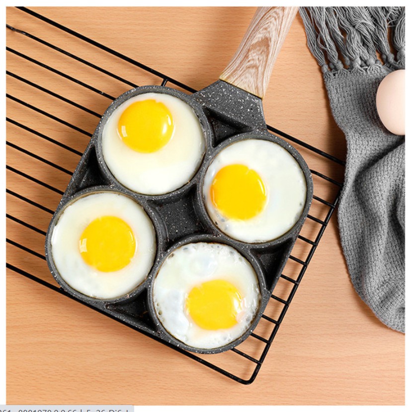 Chảo Chiên Trứng 4 Ngăn Chống Dính Cao Cấp, Tay Cầm Cán Gỗ Sang Trọng, Sử Dụng Mọi Loại Bếp