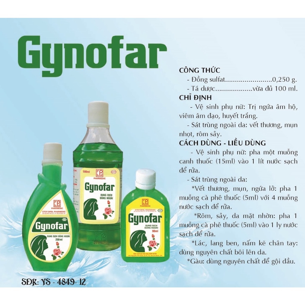 (Chính Hãng) Gynofar Vệ Sinh Phụ Nữ, rửa phụ khoa. Dung Dịch Dùng Ngoài, Sát Trùng Ngoài Da chai 250ml, 500ml, dạng gel