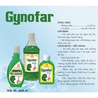 Gynofar vệ sinh phụ nữ, rửa phụ khoa. dung dịch dùng ngoài, sát trùng ngoài da chai 250ml, 500ml, dạng gel