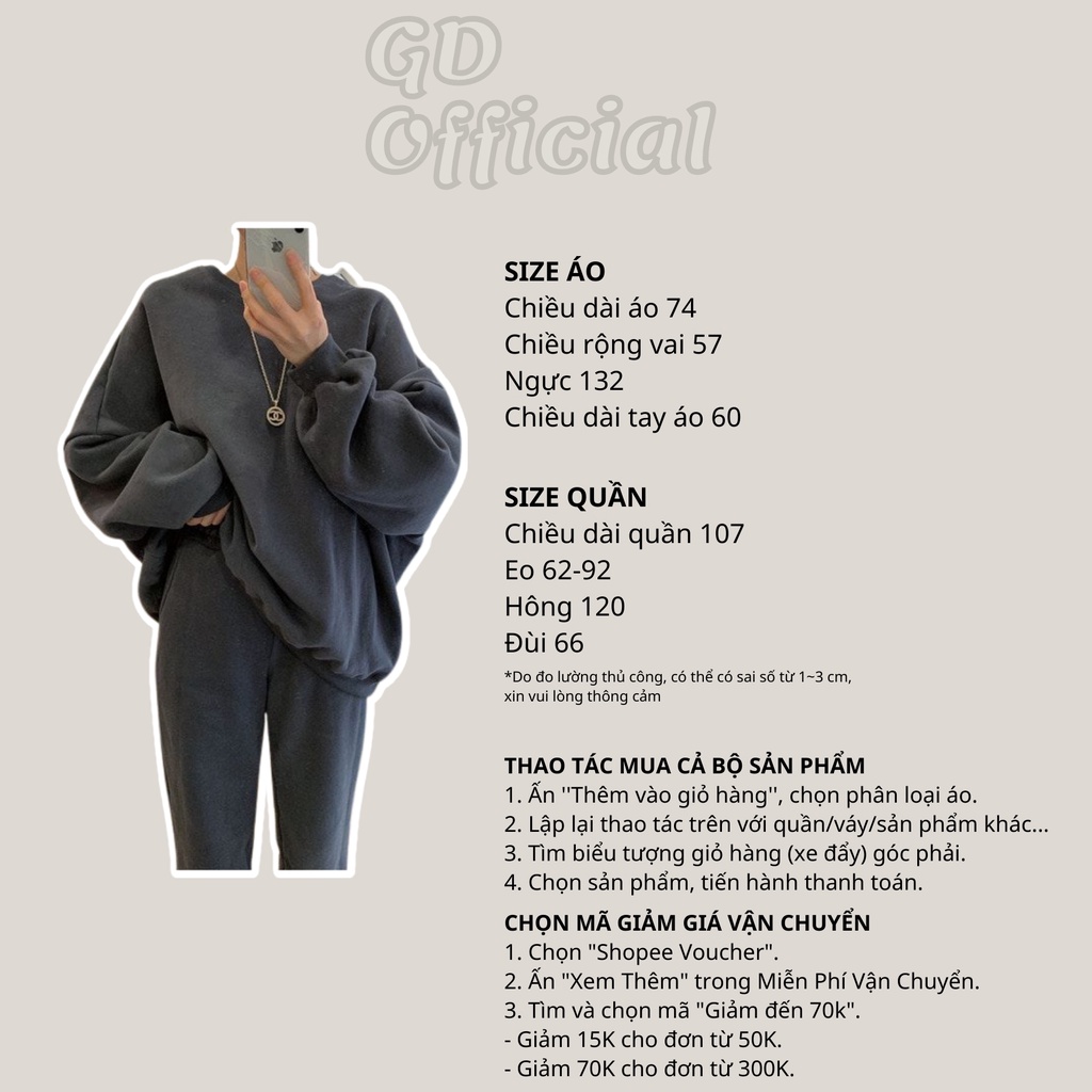 N1|Set bộ nỉ cổ tròn nữ áo hoodie bông dày dặn, quần thun cạp lưng cao co giãn suông rộng GD Official