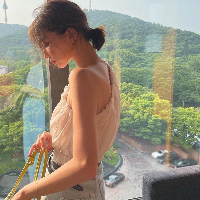 Áo Hai Dây Ngắn Màu Trơn Thắt Nơ Phong Cách Hàn Quốc Thời Trang Cho Nữ