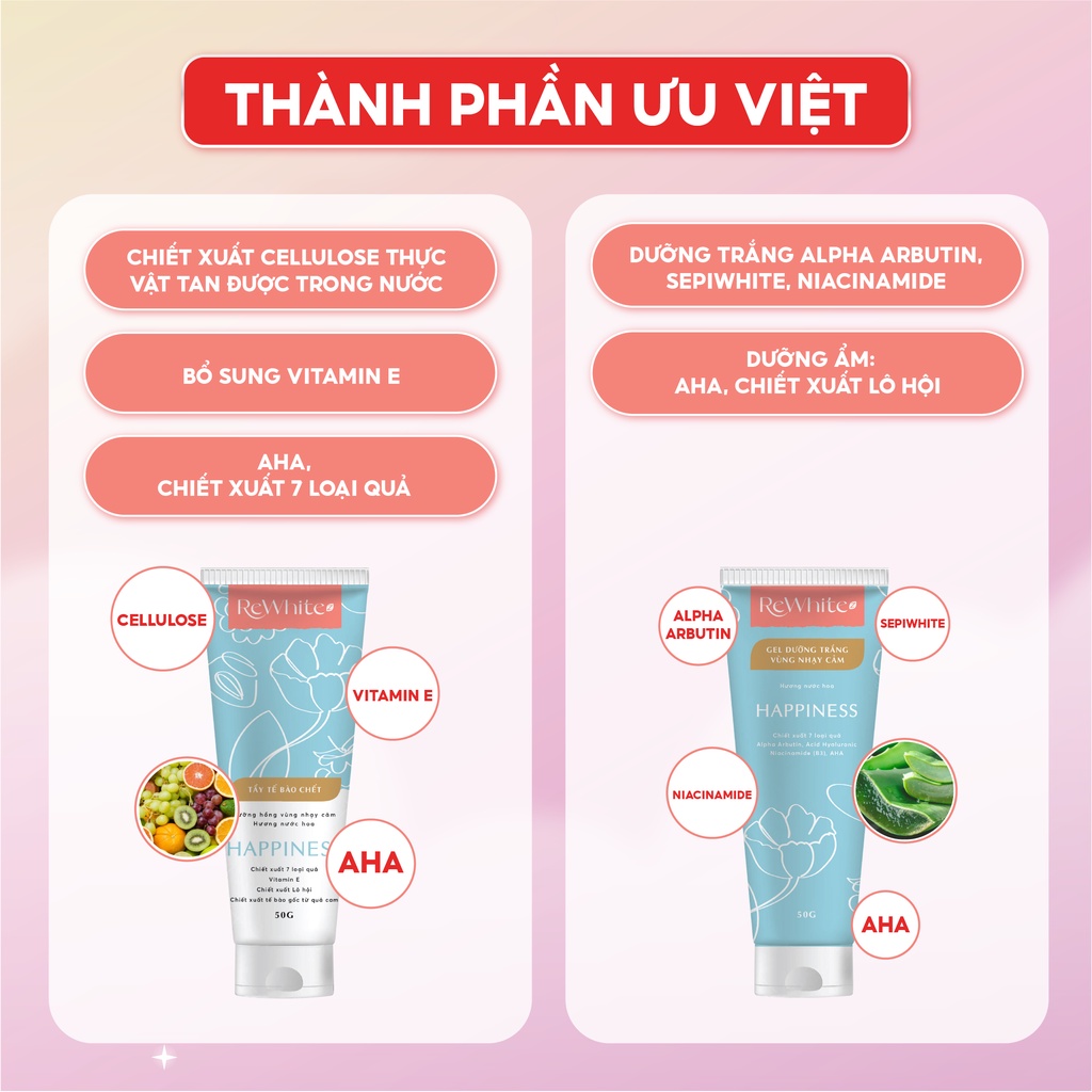 Combo Rewhitez Tẩy Tế Bào Chết Và Gel Dưỡng Trắng Giảm Thâm Vùng Kín, Nách, Mông, Hương Nước Hoa Happiness 50g/Tuýp