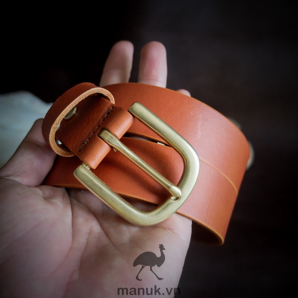 Thắt lưng da bò bảng nhỏ 3.0 cm - da bò Vachetta Ý - Handmade Khoá đồng đúc Manuk BF3 nâu bò