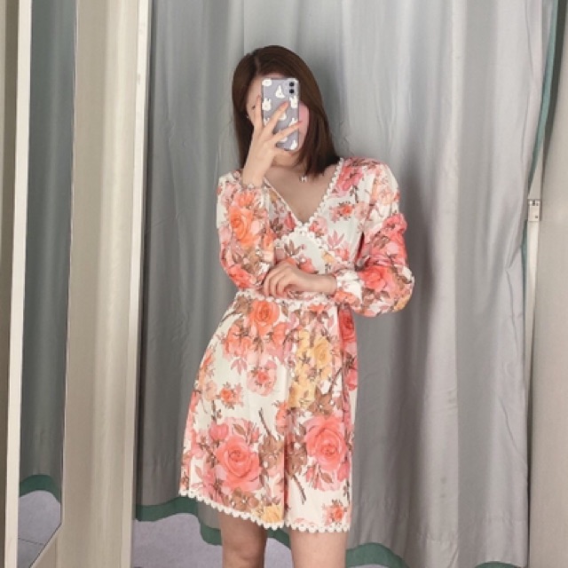 Jumpsuit Zara hoa cam đỏ viền ren xinh xắn