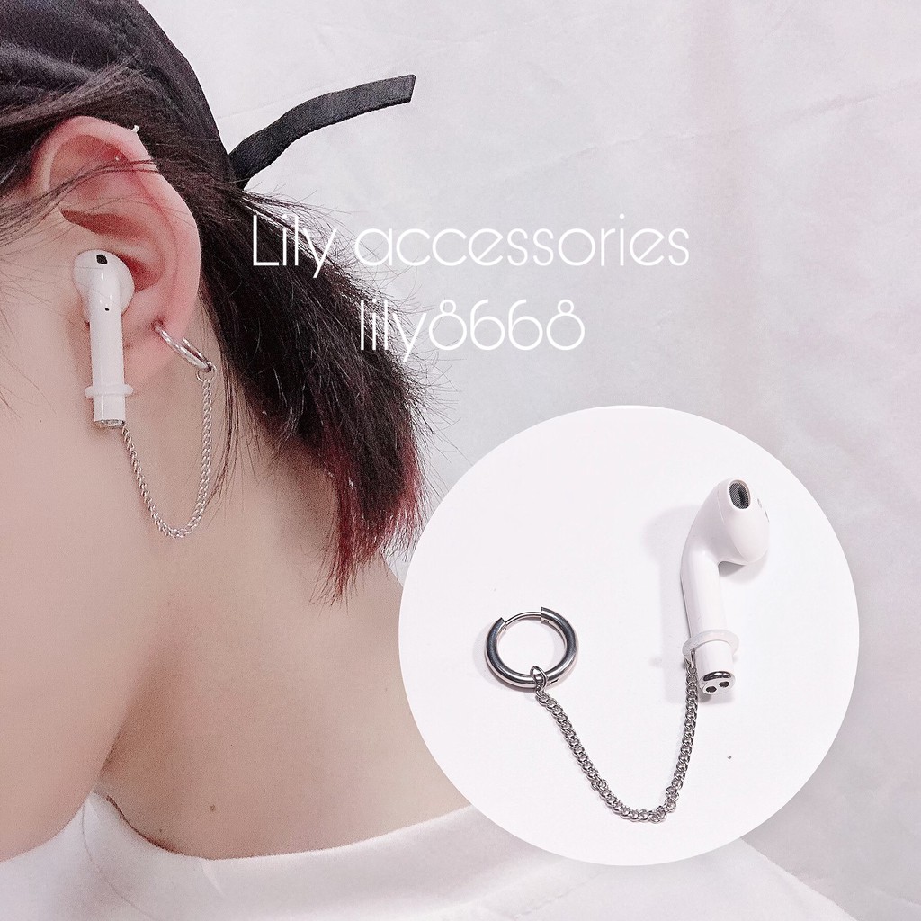 khuyên tai và kẹp tai titan dây xích không cần xỏ lỗ giúp giữ AIRPOD chống lạc và chống rơi không gỉ không đen