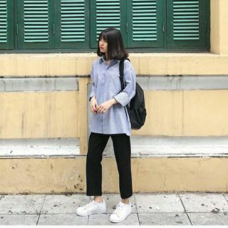 Áo sơ mi sọc kẻ xanh unisex