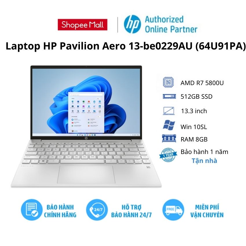 [ELHP15 giảm 10% tối đa 2TR2] Laptop HP Pavilion Aero 13-be0229AU (64U91PA)/ R7 5800U/ RAM 8GB/ 512GB SSD