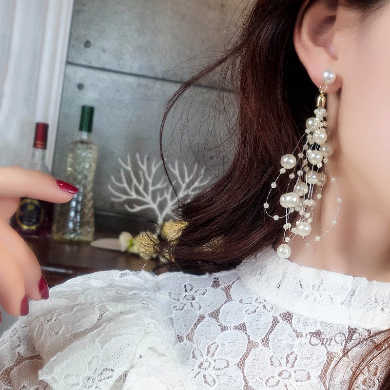 GETNOIVAS Bông Tai Dáng Dài Đính Ngọc Trai Phối Tua Rua Phong Cách Hàn Quốc Thời Trang Cho Nữ