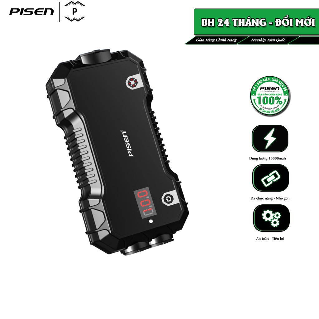 Bộ sạc dự phòng kiêm kích ắc quy ô tô PISEN Car Emergency Start C21 10000mAh,12V/600A,kích sạc 25 lần cho động cơxăng 4L