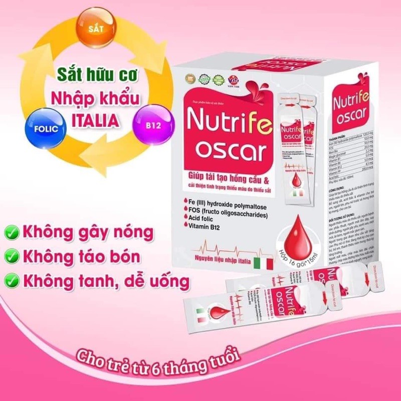 Bổ sung sắt cho bà bầu, trẻ em, người thiếu máu do thiếu sắt - Sắt nước Nutrife Oscar - nhập khẩu ITALIA - Hộp 16 gói