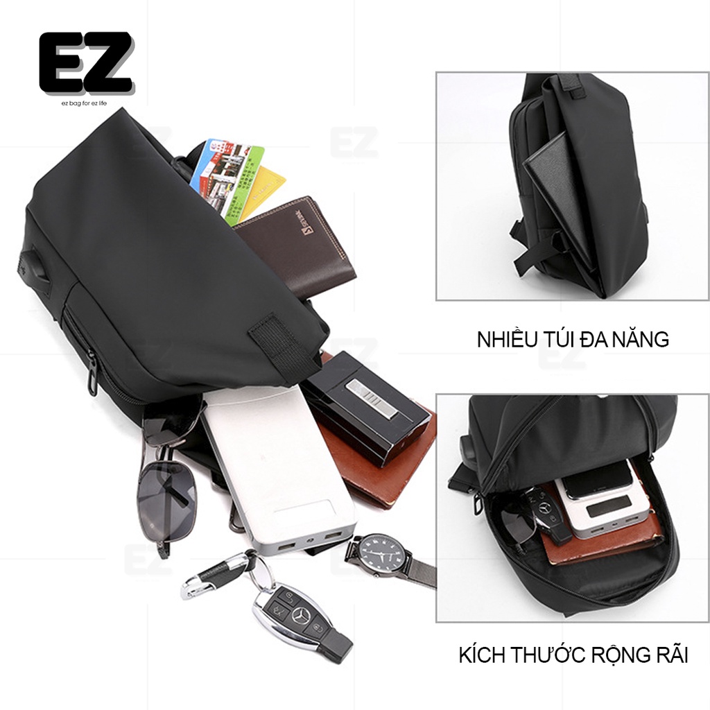 Túi đeo chéo nam basic TC09 có cổng sạc USB, Túi đeo trước ngực nam đi chơi vải chống thấm nước cao cấp