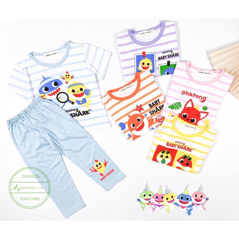 TNIN68 Bộ Tay Ngắn Quần Dài Kẻ Sọc Ngang Baby Shark Thun Minkymom Cho Bé Từ 8-19kg