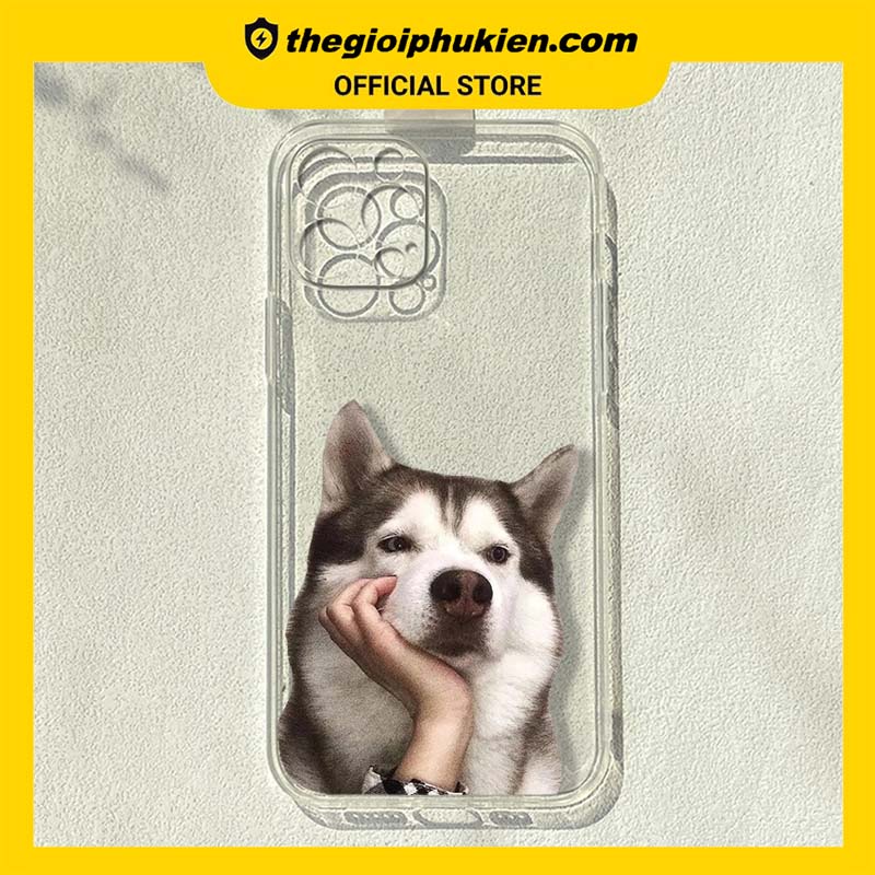 Ốp iphone - Ốp lưng iphone trong suốt cạnh vuông bảo vệ camera cún chống cằm dành cho ip 6 đến 14promax - u011