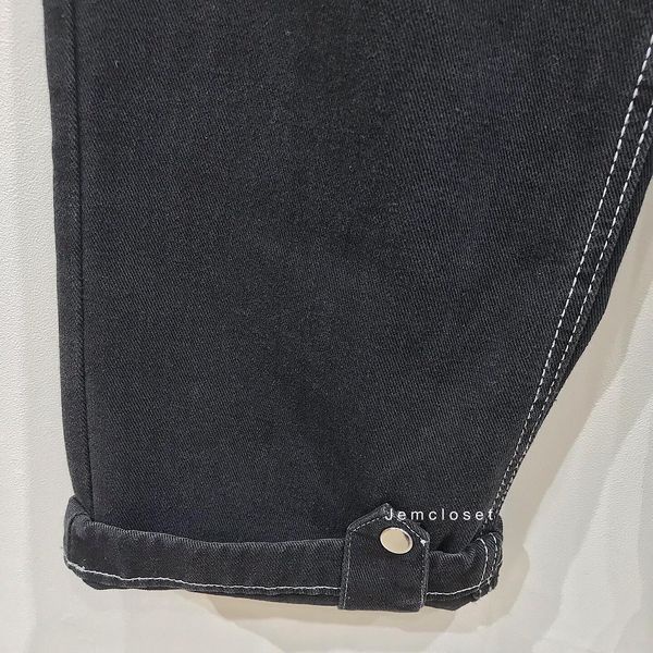 Quần Jeans Ống Suông Rộng Nữ Quần Bò Dài Lưng Cao Form Đứng Viền Chỉ Nổi Nút Ống Đen Trơn HORY 2558