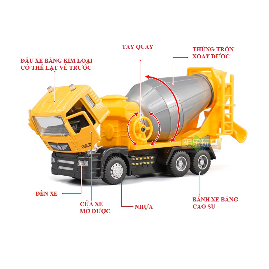Xe trộn bê tông mini bằng hợp kim nhựa mô hình tỉ lệ 1:50 đồ chơi trẻ em có đèn và âm thanh
