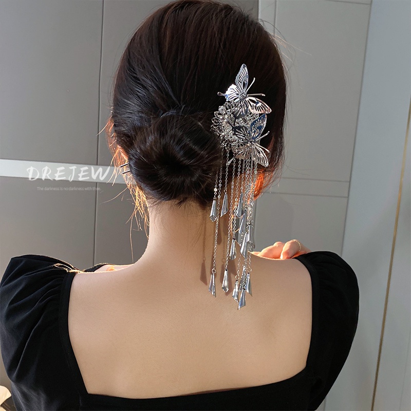 DREJEW Trâm cài tóc bằng kim loại kiểu hoa bướm phối tua rua phong cách Hán phục thời trang